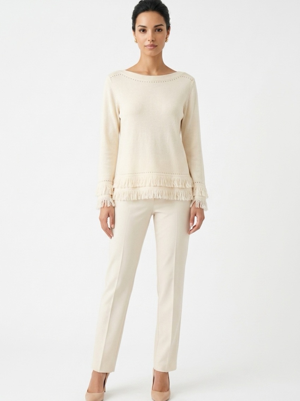 Trina Turk Long Sleeve Fringe Trim Merino Wool Boat Neck Women's L Sweater